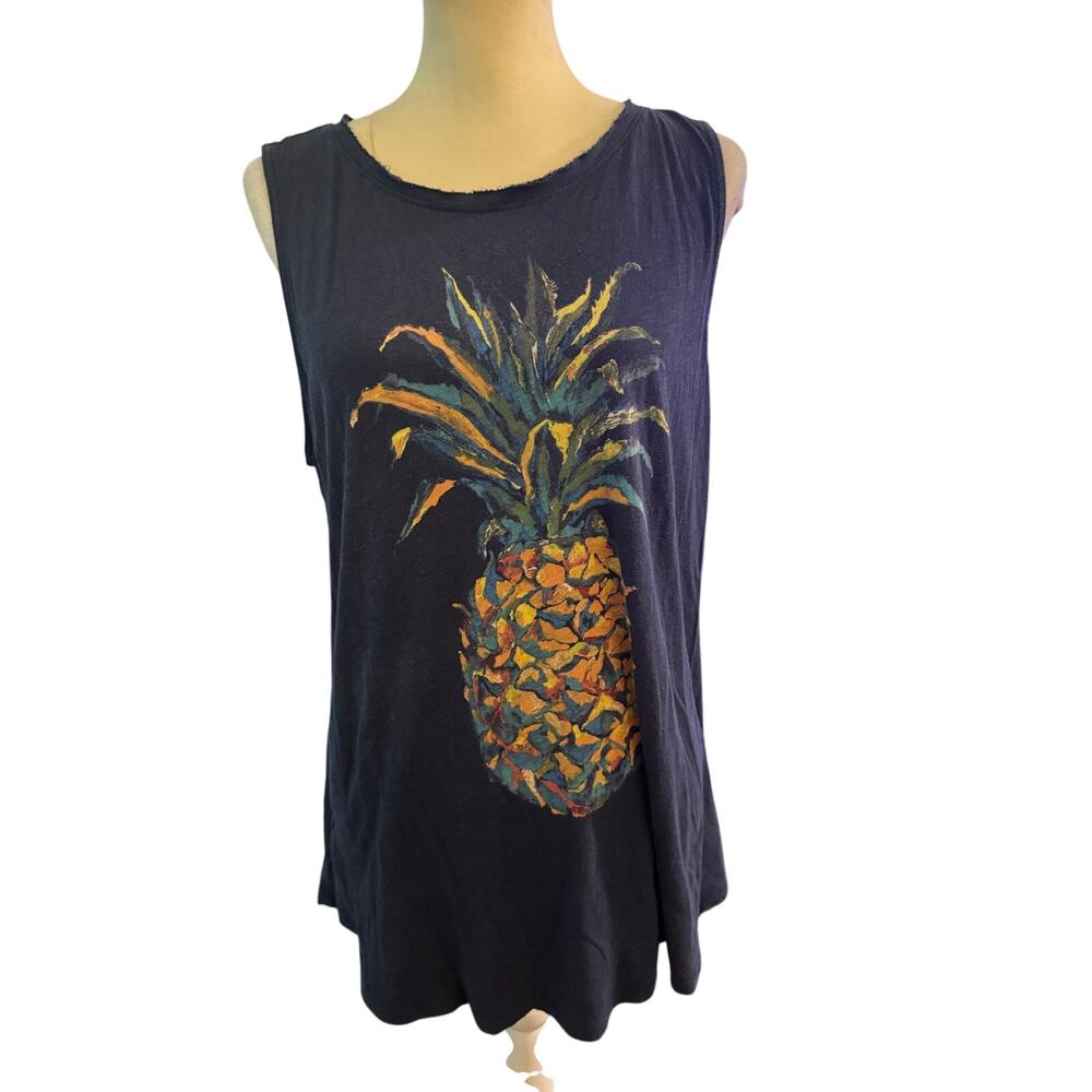 Lucky Brand Pineapple Graphic Sleeveless Tank Top Navy Blue XL Raw Edge Tropical